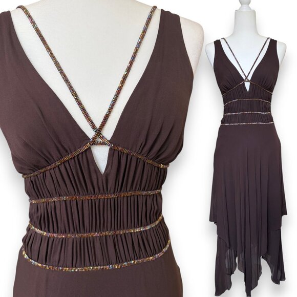 BCBGMaxAzria Dresses & Skirts - Y2K BCBGMAXAZRIA Brown Asymmetrical Fairy Dress Breaded, Size 4, 100% Silk